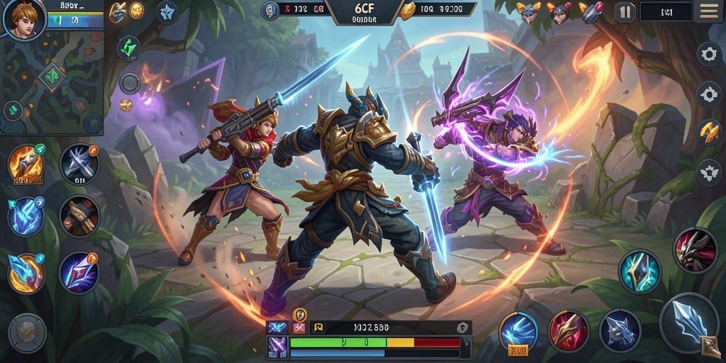 Screenshot permainan <strong>6CF</strong> menampilkan aksi pertarungan MOBA yang mendebarkan.