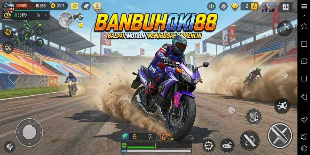 Screenshot utama BANBUHOKI88 menampilkan balapan motor yang mendebarkan.