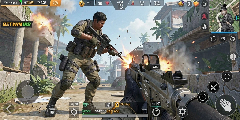 Tangkapan layar gameplay BETWIN188 yang intens di aksi TPS.