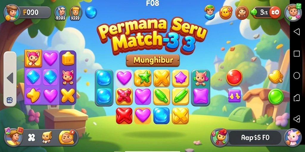 Screenshot F08 menampilkan serunya gameplay Match-3 dengan animasi menarik.