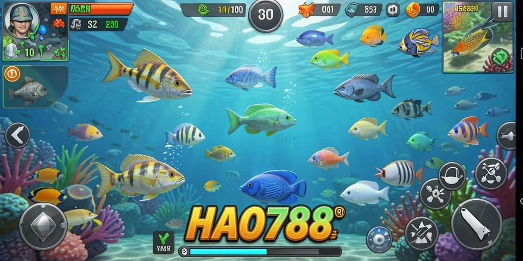 Tampilan gameplay HAO788 dengan ikan berwarna-warni dan aksi menembak yang seru.