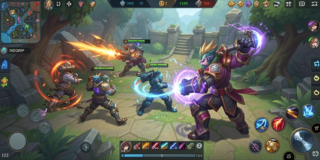Tangkapan layar permainan INDORP menampilkan aksi seru antar hero di arena.