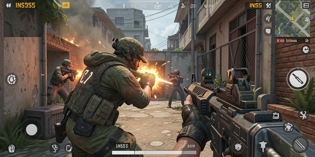 Screenshot gameplay INS55 menampilkan aksi tembak-menembak yang mendebarkan.