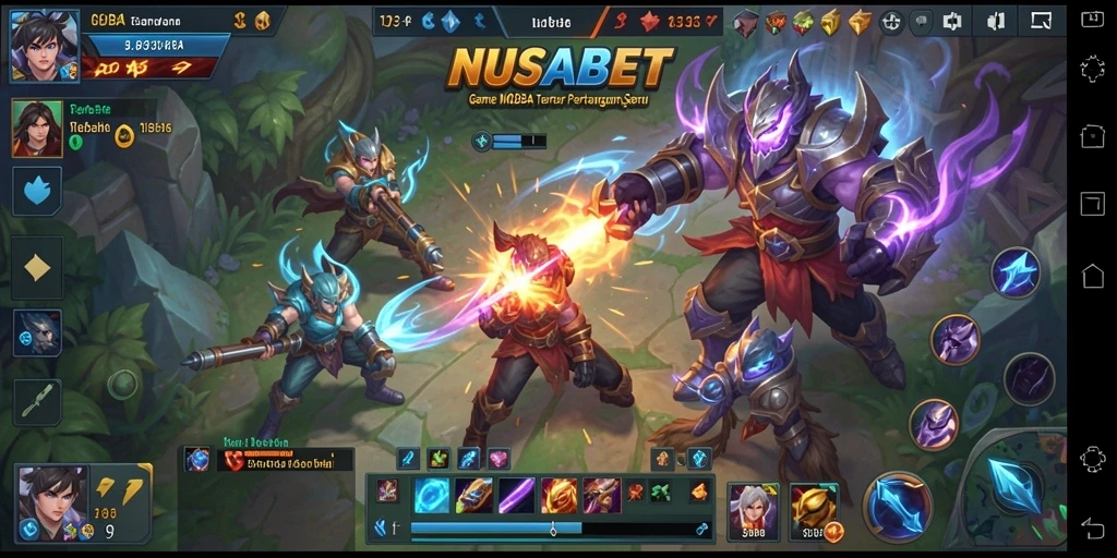 Screenshot utama NUSABET menampilkan aksi pertarungan seru di arena MOBA.