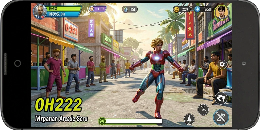 Screenshot utama menggambarkan aksi seru dari gameplay Arcade.