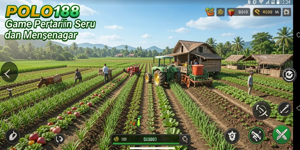 Tangkapan layar dari gameplay POLO188 menampilkan petani yang bahagia di kebun.