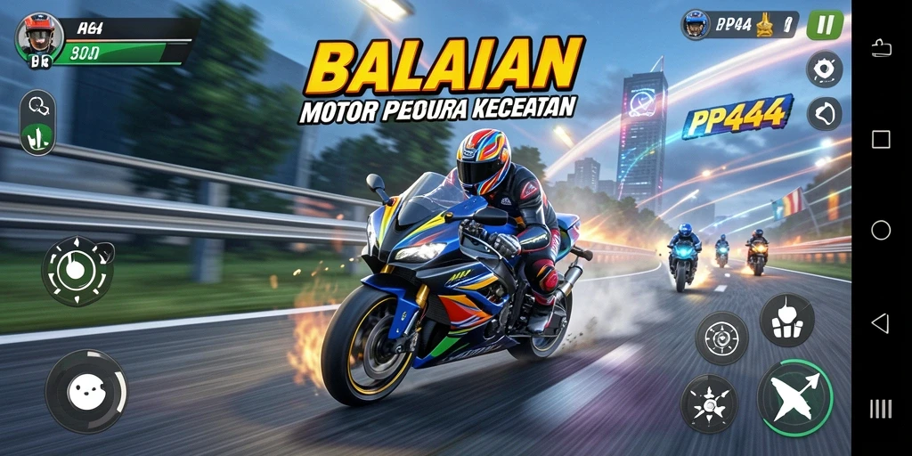 Screenshot utama PP444 menampilkan momen balapan seru di lintasan.