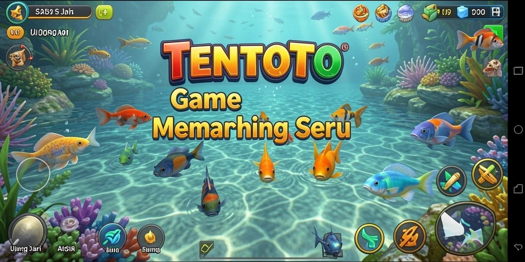 Tampilan gameplay TENTOTO dengan ikan yang melompat dan suasana memancing yang menenangkan.